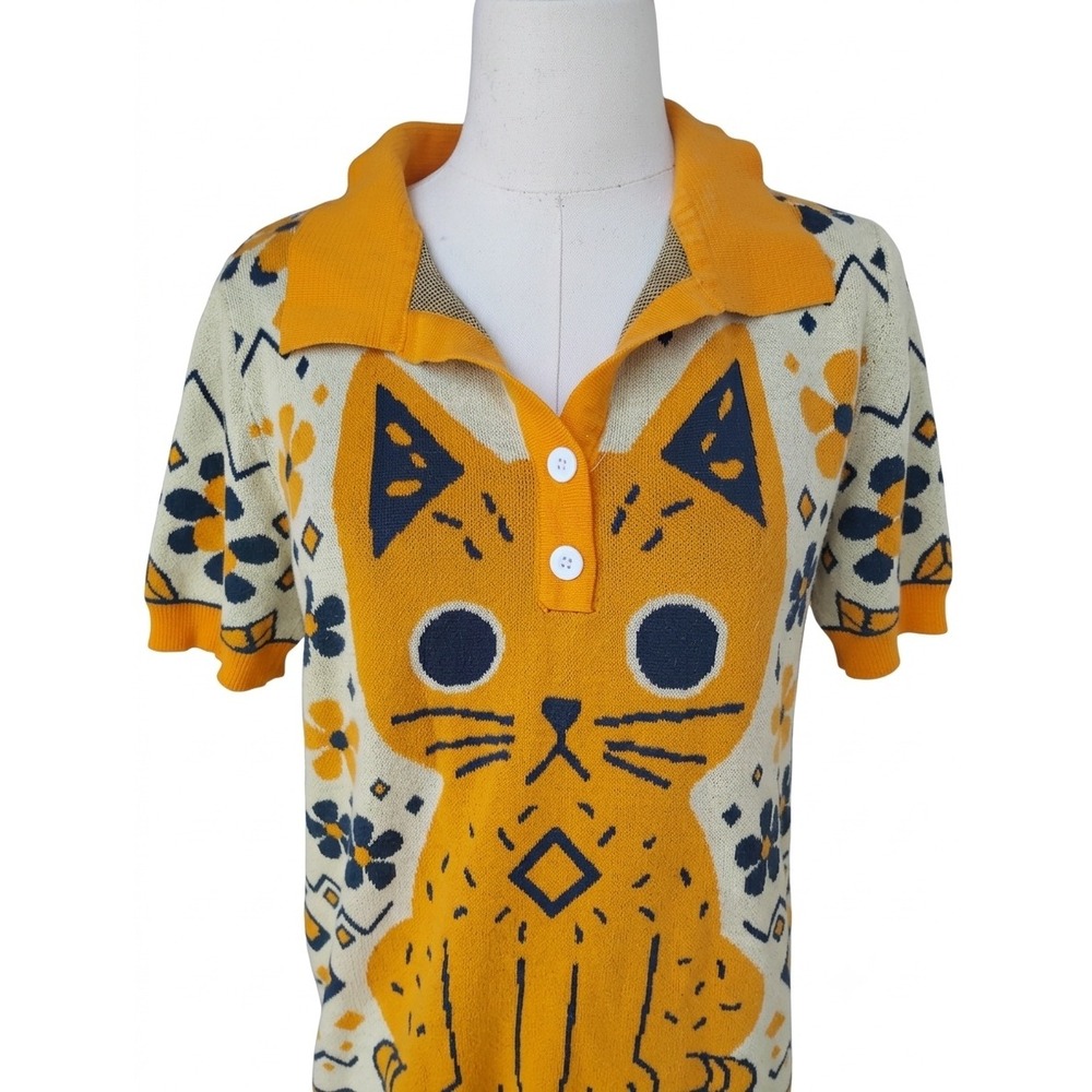 OxKnit Kitty Cat Jacquard Knit Polo Retro Pullover Size Small - Picture 2 of 6